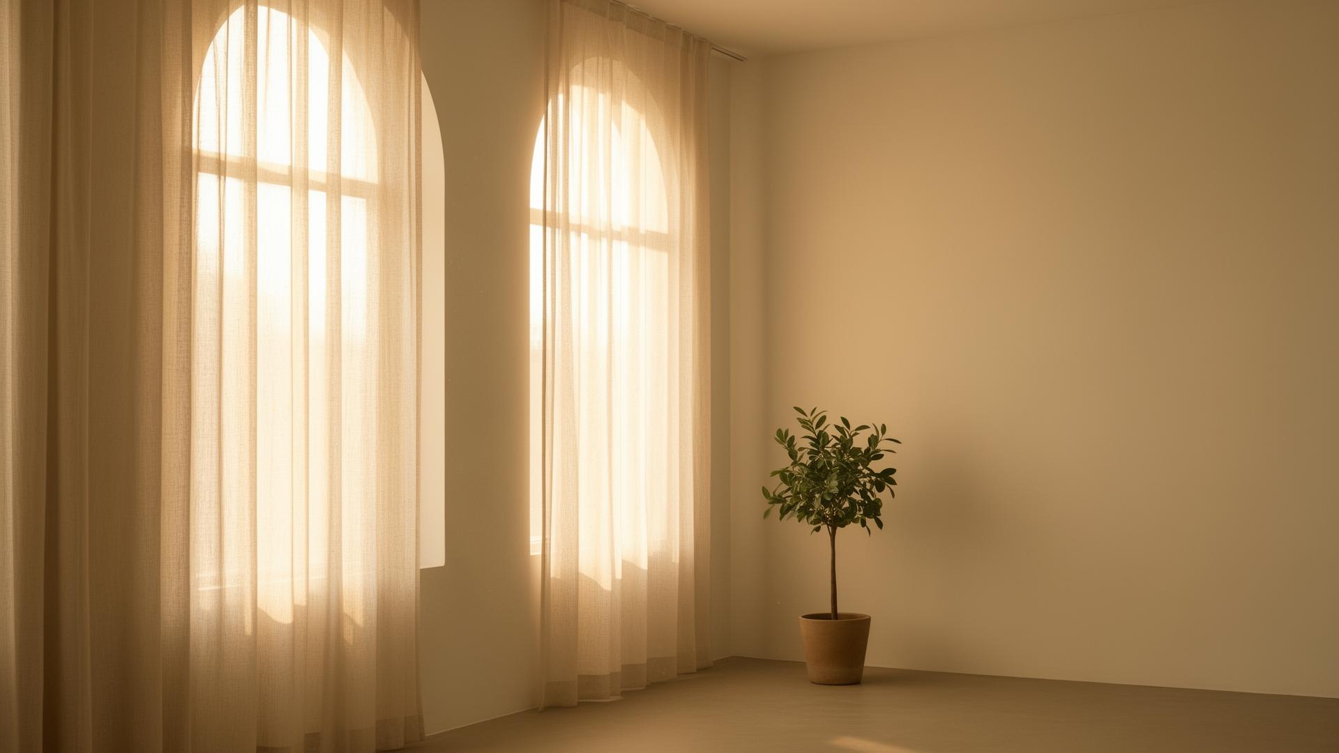Soft morning light through tall arched windows in a quiet, warm room.